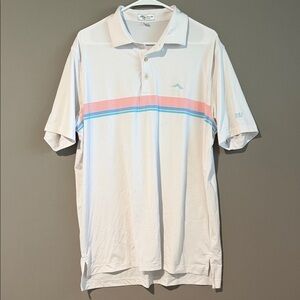 Peter Millar White Polo with Pink and Blue Stripes Golf Shirt Large